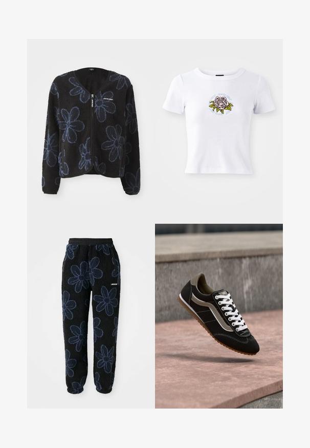 Sort fleecejakke med blå blomsterdråber, lynlåslukning og to sidelommer. Har lange ærmer og en rund hals.; Hvid kortærmet t-shirt med tætsiddende design, som har et centreret broderet rosen grafisk motiv og cirkulær tekst omkring blomsten.; Fleece joggers med sort baggrund og mørkeblå blomsterdesign. Har en elastisk talje og sidelommer. Blød tekstur.; Sort og beige sneaker med hvide snørebånd og gummisål, svævende over en stensurface og grå betonbaggrund.