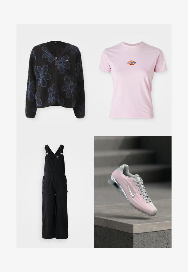 Sort fleecejakke med blå blomsterdråber, lynlåslukning og to sidelommer. Har lange ærmer og en rund hals.; Lyserød bomulds t-shirt med korte ærmer, rund halsudskæring og et lille cirkulært logo i rød, gul og blå på brystet.; Sorte denim overalls med brede ben, justerbare skulderstropper, lomme foran og sølv hardware detaljer. Glat tekstur, minimalistisk design.; Lyserød og grå atletiksko med sølvfarvet Nike-swoosh, svævende over en betonhylde med trapper i baggrunden.