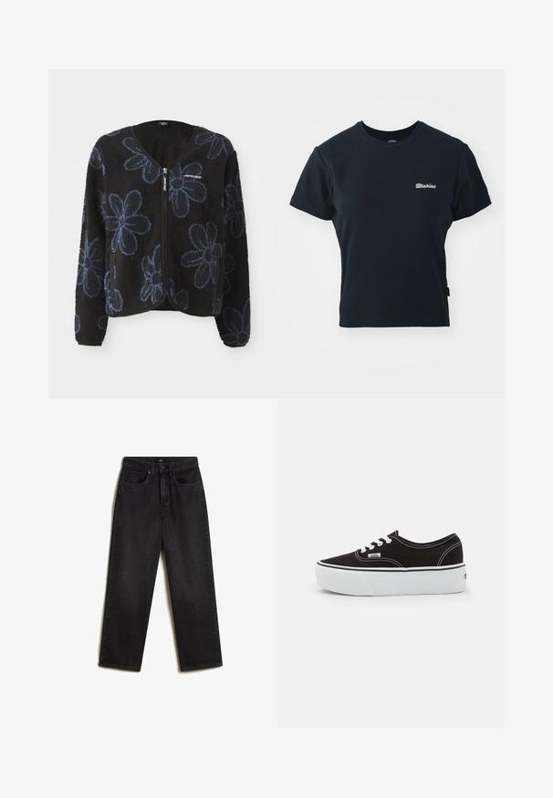 Zwarte fleecejack met blauwe bloemmotieven, ritssluiting en twee zijzakken. Heeft lange mouwen en een ronde halslijn.; Zwart katoenen t-shirt met korte mouwen, ronde halslijn en klein wit geborduurd logo op de borst. Klassiek, getailleerd ontwerp.; Vans SIRELLE 5 POCKET PUDDLE TROUSERS, - Straight leg jeans - black; Zwarte canvas sneaker met een witte rubberen platformzool, voorzien van witte veters en stiksels, iconische branding op de zijkant, low-top ontwerp.