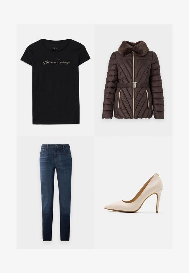 Chaqueta de plumas marrón con un cuello de pelo sintético, patrón de acolchado diagonal, cremallera dorada y cinturón a juego con hebilla plateada.; Camiseta de manga corta negra hecha de algodón, con un logo en escritura "Armani Exchange" en embellishments dorados en el pecho.; Jeans de mezclilla azul oscuro con un ajuste recto. Cuenta con un cierre de botón y cremallera, cinco bolsillos y costuras en contraste. Textura suave.; Zapato de tacón alto beige, con punta afilada, acabado de cuero liso, tacón de aguja delgado, diseño minimalista con un sutil detalle en la parte trasera.