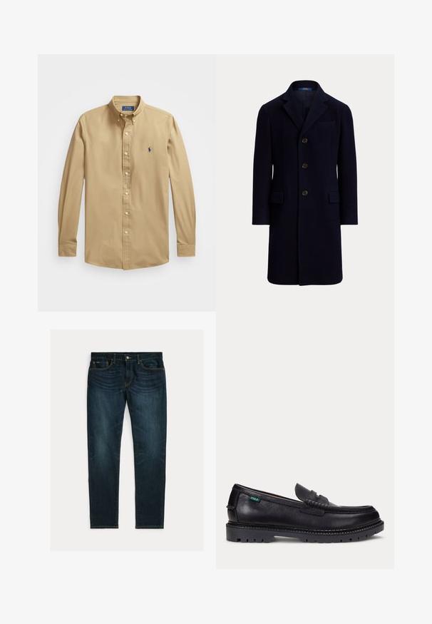 Dunkel marineblauer einreihiger Herrenmantel mit drei Knöpfen, Revers mit Kerbe, Brusttasche und zwei Klappentaschen, vor schlichter Hintergrund dargestellt.; Helle beige Langarmhemd mit Knopfleiste, aus glattem Baumwollstoff. Verfügt über einen spitzen Kragen und ein kleines blaues gesticktes Pferdelogo auf der Brust.; Dunkelblaue Slim-Fit-Jeans mit leichtem Verblassen und Fünf-Taschen-Design, flach auf weißem Hintergrund liegend.; Schwarzer Lederloafer mit dicker Profilsohle und kleinem grünen "Polo"-Etikett an der Außenseite nahe der Ferse.