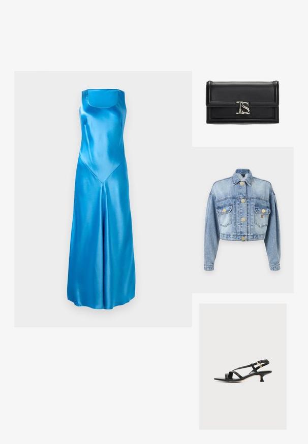 Lyseblå cropped denimjakke med lange ærmer, forside med knaplukning, to klaplommer med knapper og krave.; Satinblå lang kjole med firkantet udskæring, lige snit og en V-formet sømdetalje foran. Glat tekstur med en blank finish.; Sort damesandal i læder med tynde krydsede stropper, lav kittenhæls og lille guldbeklædt spænde på ankremmen.; Sort læder clutch taske med en glat tekstur, rektangulær form, centralt sølv logo hardware og fold-over flap design.