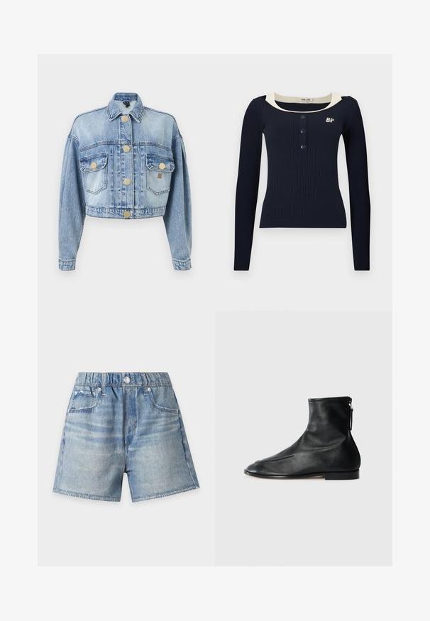 Lichtblauwe cropped spijkerjack met lange mouwen, knoopsluiting aan de voorkant, twee klepzakken met knopen en een kraag.; Marineblauwe geribbelde longsleeve met een ronde hals, contrasterende crème bies, drieknoopssluiting en een klein geborduurd logo op de borst.; Lichtblauwe denimshorts met elastische taille, voorste knoop en zakken, getoond tegen een effen witte achtergrond.; Zwarte leren enkellaarzen met een puntige neus, een gladde textuur en een rits aan de zijkant voor gemakkelijk aan- en uittrekken. Lage hak, minimalistische stijl.