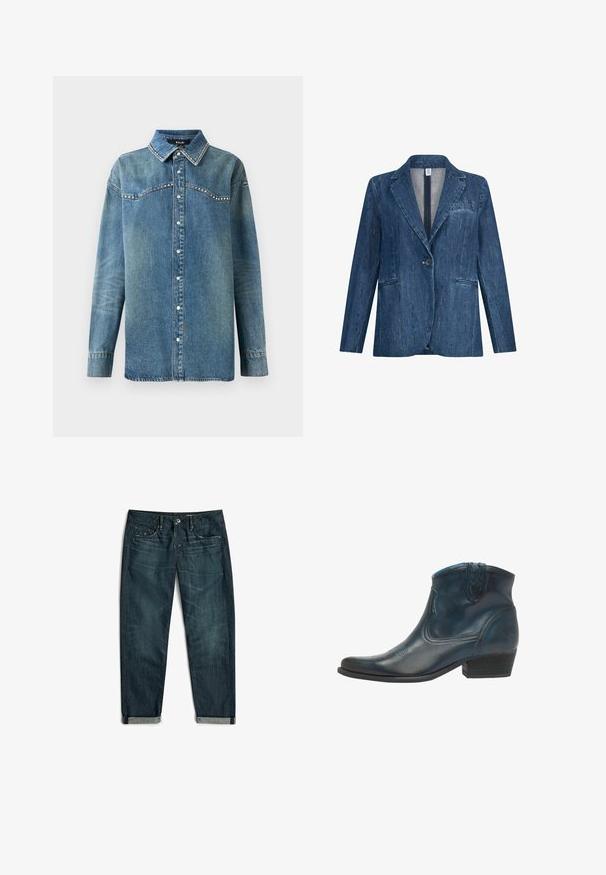 Blauer Denim-Blazer mit einem Knopf, abgesteppten Revers und zwei Vorderentaschen, mit dezenten funkelnden vertikalen Stickdetails.; Blaue Jeanshemd mit langen Ärmeln, Druckknöpfen, spitzem Kragen und Strassdetails entlang der Schulterpartie und den Kragenkanten.; Dunkelblaue aufgerollte Jeans aus Denim mit Fronttaschen, Gürtelschlaufen und Knopfverschluss, flach auf weißem Hintergrund gelegt.; Cowboy-Stiefel aus dunkelblauem Leder, mit spitz zulaufender Zehenpartie, geschwungenen Akzenten und einem niedrigen, gestapelten Absatz mit dezenten Nähdetails.