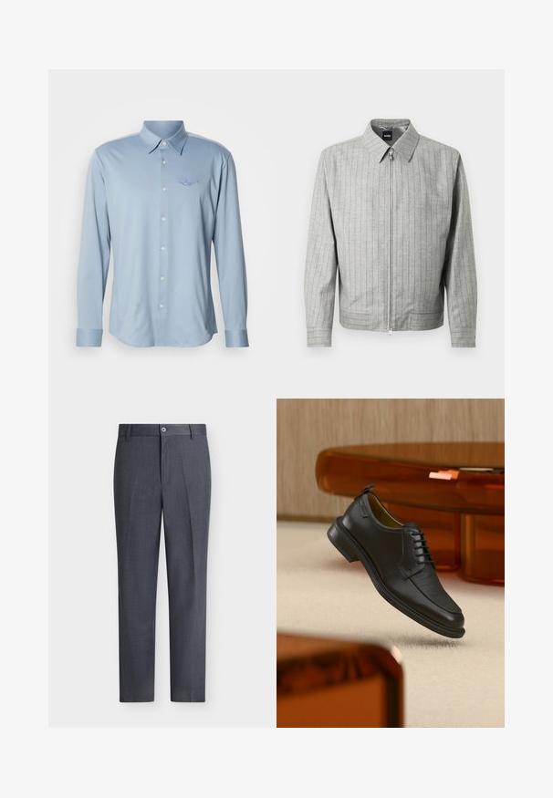 Veste grise à fermeture éclair avec des rayures verticales, fabriquée en tissu texturé. Elle possède un col pointu et des manches longues. Design simple et moderne.; Chemise à manches longues bleu clair en tissu lisse, dotée d'un col pointu et d'un devant boutonné, avec un logo brodé discret sur la poitrine.; Pantalon habillé sur mesure gris foncé avec fermeture par bouton et zip, passants de ceinture et coupe droite sur fond blanc.; Chaussure habillée noire en cuir à lacets avec devant texturé, flottant au-dessus d'un tapis beige dans une pièce moderne avec des meubles teintés d'ambre.
