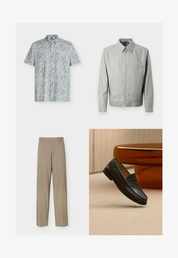 Veste grise à fermeture éclair avec des rayures verticales, fabriquée en tissu texturé. Elle possède un col pointu et des manches longues. Design simple et moderne.; Chemise à manches courtes boutonnée avec motif de feuilles vertes et grises et une poche poitrine avant, présentée sur fond blanc.; Pantalon beige droit avec passants de ceinture et plis marqués, présenté sur un fond blanc uni.; Chaussure mocassin en cuir noir suspendue au-dessus d’un tapis beige avec du mobilier moderne couleur ambre en arrière-plan.