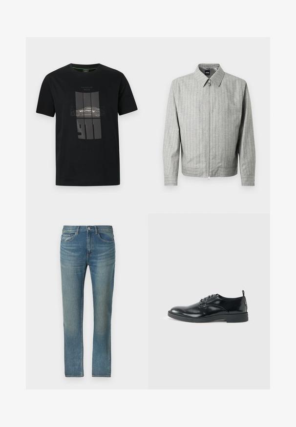 Veste grise à fermeture éclair avec des rayures verticales, fabriquée en tissu texturé. Elle possède un col pointu et des manches longues. Design simple et moderne.; T-shirt noir avec graphisme Porsche 911 en gris, présentant une vue latérale de la voiture et le texte « Porsche BOSS » au-dessus du design.; Jean en denim bleu clair avec une coupe droite. Design standard à cinq poches et fermeture par bouton avec des accents de couture sur les coutures.; Chaussure habillée en cuir noir brillant avec un petit talon, fermeture à lacets et bout rond, vue de côté sur un fond uni et clair.