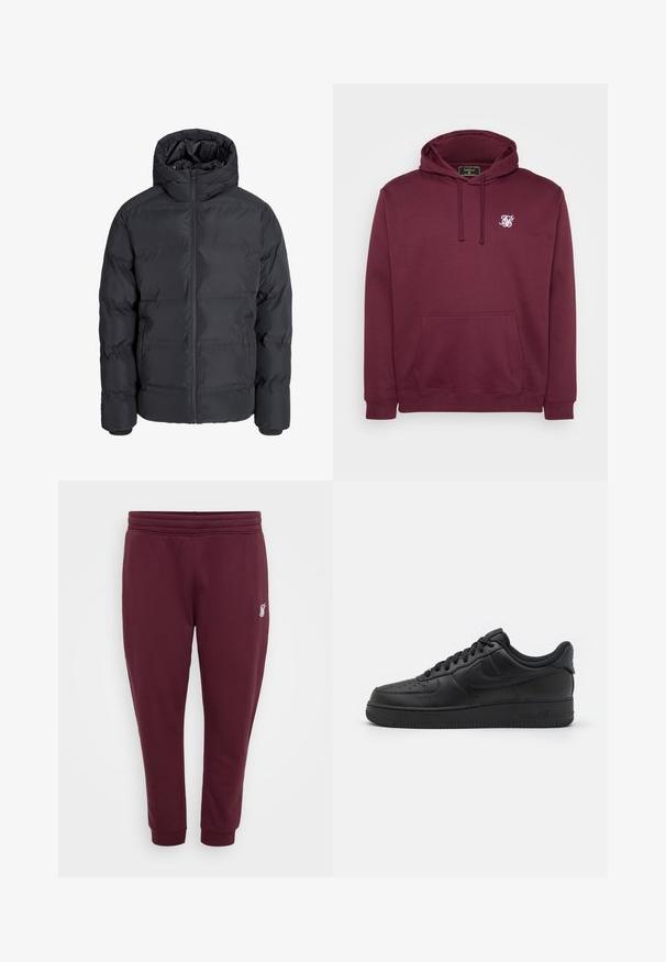 Must ūksekaasi musta puffer jope kapuutsiga, millel on luku ees, tikandiga disain ja küljetaskud. Valmistatud siledast, isoleeritud materjalist.; Burgundia kapuutsweater, mis on valmistatud pehmest kangast, esiküljel tasku ja väike valge logo rinnal. Pikad varrukad ja soonikkoes mansetid.; Burgundia värvi dressipüksid, mis on valmistatud pehmest kangast, omavad elastset vööd, mansette pahkluudes ja väikest tikandiga logo vasakus reies.; Nike Sportswear AIR FORCE 1 07 FLYEASE - Tossud - black