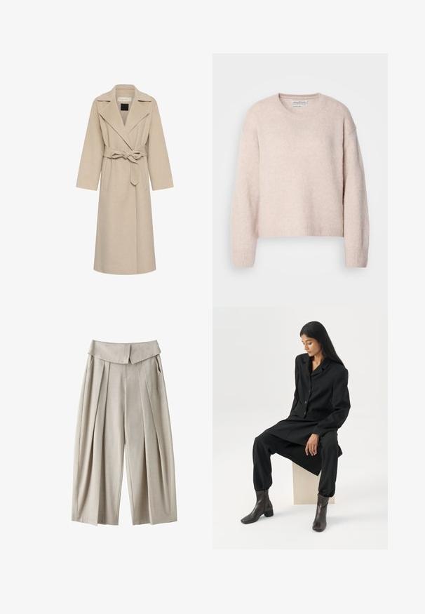 Long manteau en laine beige avec larges revers, ceinture nouée à la taille et deux poches avant.; Pull léger rose en tissu doux et texturé. Il présente un col rond, des épaules tombantes et des poignets et un ourlet côtelés. Design cropped.; Pantalon beige taille haute à jambes larges avec plis et poches latérales, doté d'une ceinture pliée et de détails de couture à l'avant.; Femme aux longs cheveux foncés assise, portant un blazer noir ample, un pantalon large assorti et des bottines foncées, sur un fond blanc uni.