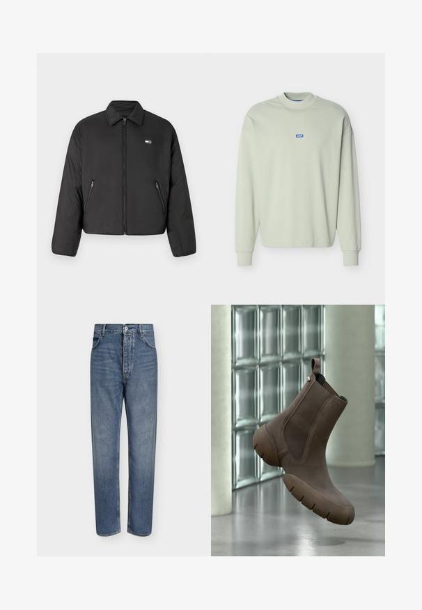 Zwarte cropped jas met een ritssluiting aan de voorkant, voorzien van zijzakken en een kraag. Gemaakt van glad, waterafstotend materiaal. Klein logo op de borst.; Lichtgroene lange mouw sweatshirt met geribbelde manchetten en kraag, klein blauw "HUGO" logo gecentreerd op de borst.; Blauwe denim jeans met rechte pijpen, hoge taille, knoopsluiting aan de voorkant en vijfzakkenontwerp op een effen lichte achtergrond.; Bruine enkellaars met een stevige zool en elastische zijpanelen die boven een glanzende betonnen vloer zweeft nabij een glasblokkenwand.