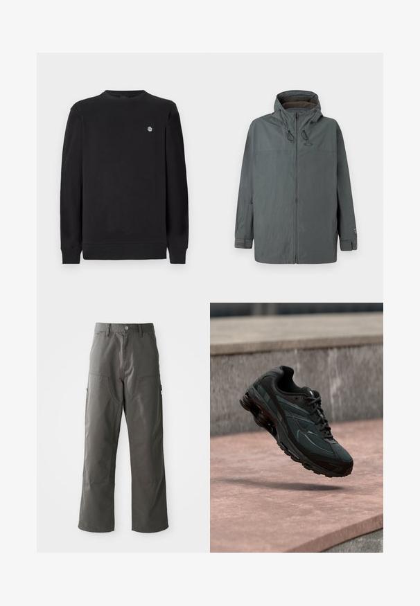 Dunkelgraue Herrenjacke mit Kapuze, Frontreißverschluss, verstellbaren Kapuzenschnüren und Klettverschlussmanschetten, auf einfarbigem Hintergrund präsentiert.; Schwarzer Langarm-Crewneck-Sweatshirt mit kleinem weißen runden Logo auf der linken Brust, gerippten Bündchen und Saum.; Graue Cargo-Hosen mit geradem Bein design, ausgestattet mit zwei Fronttaschen und zusätzlichen Seitentaschen für Stauraum. Hergestellt aus strapazierfähigem Stoff.; Schwarzer athletischer Sneaker mit sichtbarer Air-Cushioning-Zwischensohle, der über einer rosa Steinoberfläche mit grauer Steinmauer im Hintergrund schwebt.