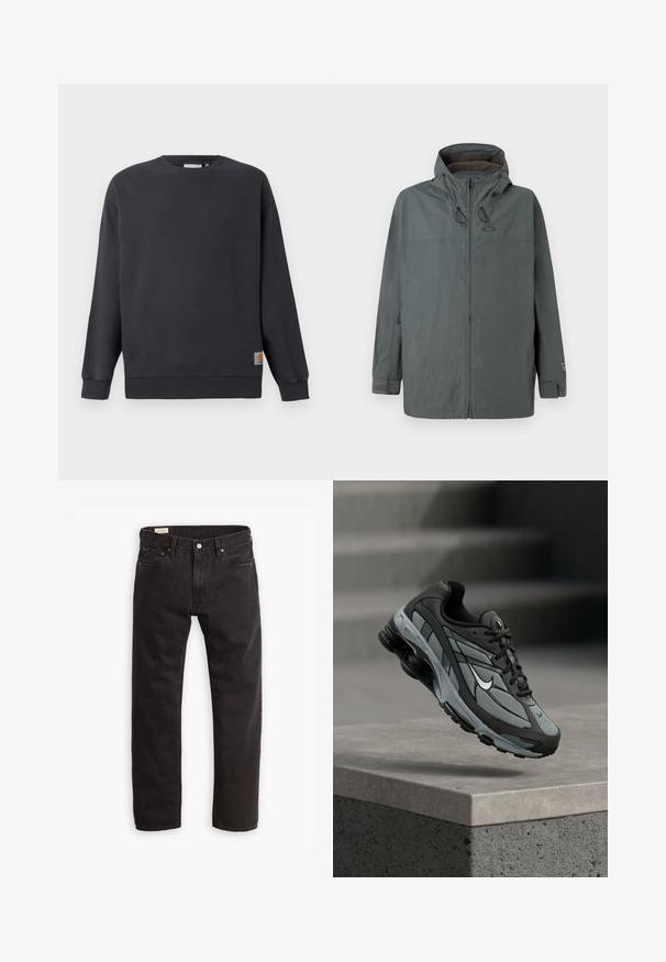 Donkergrijze mannen hoodie met frontale ritssluiting, verstelbare capuchon met trekkoorden en klittenband polsbandjes, weergegeven op een effen achtergrond.; Donkergrijze crewneck sweatshirt met ribbed manchetten en zoom. Bevat een klein geweven logo-label aan de linksonderzijde. Van katoen, met een soepele textuur.; Zwarte denim jeans met een rechte pijp, voorzien van een klassiek vijf-pocket ontwerp, subtiele stiksels en een metalen knoopsluiting.; Grijze en zwarte sportieve sneaker met meshpanelen en dikke zool, zwevend in de lucht boven een betonnen richel met trappen op de achtergrond.