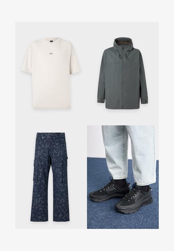 Meeste tumehall kapuutsiga jakk, millel on ees zipper, reguleeritavad kapuutsi nöörid ja Velcro randmepaelad, esitlemas ühtlasel taustal.; Oakley RISE TEE - Lihtne T-särk - mist; Sean John SCRIPT LOGO CAMOUFLAGE - Kargopüksid - blue; Mustad mustad jooksukingad, millel on tekstureeritud kangas ja kummist tallad, elastsed nöörid ning sinine aksent kandadel. Kandmine heledate teksadega.