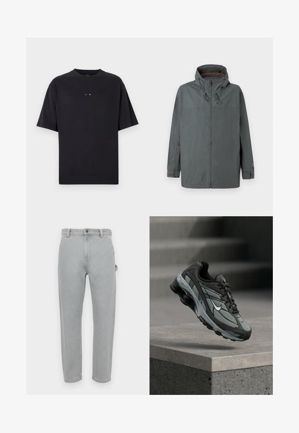 Dunkelgraue Herrenjacke mit Kapuze, Frontreißverschluss, verstellbaren Kapuzenschnüren und Klettverschlussmanschetten, auf einfarbigem Hintergrund präsentiert.; Oakley RISE TEE - T-Shirt basic - blackout; Hellgraue Jeans aus Denim mit geradem Schnitt. Verfügt über einen klassischen Taillenbund, fünf Taschen und subtile Ausbleichungen für Textur.; Grauer und schwarzer Sportschuh mit Netzpaneelen und dicker Sohle, schwebend in der Luft über einer Betonmauer mit Treppen im Hintergrund.