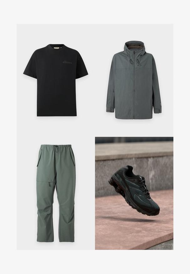 Donkergrijze mannen hoodie met frontale ritssluiting, verstelbare capuchon met trekkoorden en klittenband polsbandjes, weergegeven op een effen achtergrond.; Zwart T-shirt van katoen met een standaard ronde hals en korte mouwen. Voorzien van een subtiel geperst logo op de borst.; Groene, lichte broeken met een elastische tailleband, trekkoord en meerdere zakken. Gladde textuur met een ontspannen, losse pasvorm.; Zwarte atletische sneaker met zichtbare luchtgeveerde tussenzool die boven een roze stenen oppervlak zweeft met een grijze stenen muur op de achtergrond.