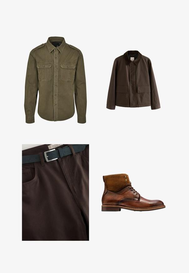 Brun lærredjakke med et corduroy-krave, der har to forlommer og en lige pasform. Enkel design, minimale synlinger.; Oliven grøn skjorte med knapper lavet af bomuld. Har krave, to brystlommer med klapper og strukturerede skuldre med synlige sømme.; Lige pasform brune bukser med et struktureret mørkeblå bælte. Har kontrasterende orange syninger og et klassisk fem-lomme design.; Kazar ALID - Snørestøvletter - brown