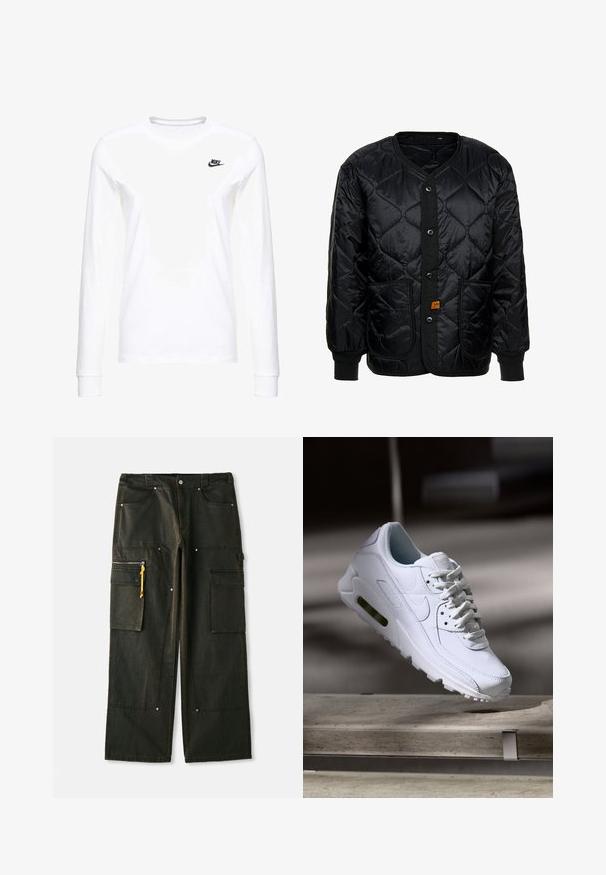 Sort quiltet jakke med rund hals, frontknapper, to store lommer og ribbede mansjetter; har et struktureret mønster på stoffet.; Hvid langærmet T-shirt lavet af bomuld, med et lille sort Nike-logo på venstre bryst og en rund halsudskæring. Glat tekstur.; Sorte cargo-bukser med en afslappet pasform, der har flere lommer, gule lynlåstræk, og strukturstof med en falmet finish.; Hvide lædersneakers med teksturerede overflader, polstret krave og synlig luftpolstring i sålen. Har snørrebånd og et minimalistisk design.