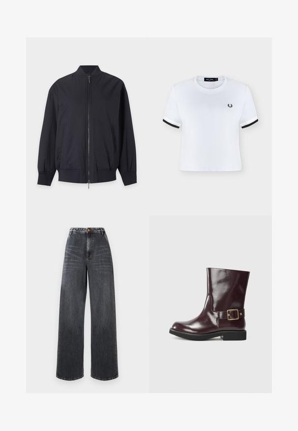Sort bomberjakke med frontlynlås, ribbet krave, manchetter, kant og to sidelommer på en lys baggrund.; Hvid cropped t-shirt med sort kant på ærmerne og lille sort laurbærkronelogo på venstre bryst, rund hals.; Højlivede, vide jeans i mørkegrå denim med falmede detaljer, med en frontknaplukning og traditionelt fem-lomme design.; Bordeaux læder ankelstøvle med en blank finish, der har en sidelukning med spænde og en lav, stabil sort hæl. Glat tekstur.
