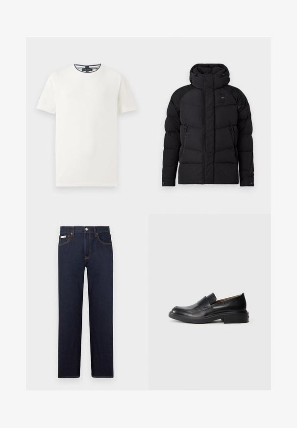 Chaqueta acolchada negra con un alto cuello y capucha. Presenta un diseño acolchado, dos bolsillos laterales con cierre y acentos en los hombros en contraste.; Camiseta de manga corta blanca con patrón texturizado, cuello redondo y ribete a rayas azul marino en el cuello. Tejido ligero. Corte casual.; Jeans de mezclilla azul oscuro con corte recto, un diseño clásico de cinco bolsillos y costuras en contraste naranja. Presenta un cierre de botón metálico.; Zapato de vestir negro de cuero sin cordones con tacón bajo y un sutil logo de Calvin Klein en el lateral, mostrado en perfil sobre un fondo blanco.