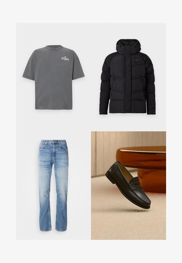 Chaqueta acolchada negra con un alto cuello y capucha. Presenta un diseño acolchado, dos bolsillos laterales con cierre y acentos en los hombros en contraste.; Camiseta de manga corta de color gris oscuro con cuello redondo y pequeño logo blanco "ALLSAINTS" en la parte superior izquierda del pecho.; Jeans de mezclilla azul claro con corte recto, acabado desgastado, cinco bolsillos y cierre de botón. Diseño clásico y grosor medio.; Zapato mocasín de cuero negro suspendido sobre una alfombra beige con muebles modernos de color ámbar en el fondo.