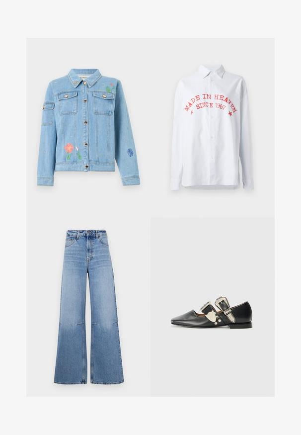 Lyseblå denimjakke med knapper foran, brystlommer samt farverigt blomster- og bi-broderi på front og ærmer.; Stribet button-up skjorte i blå og hvid, med rød tekst: "LAVET I HIMLEN SINCE 1967." Lange ærmer, afslappet pasform, blanding af bomuldsstof.; Lyseblå, brede denimjeans med høj talje, der har frontlommer og sømdetaljer, der løber lodret ned ad benene.; Sorte læder flade sko med spidse tå, sølv spænde detaljer og dekorative nitter. Har en lav hæl og glat tekstur.