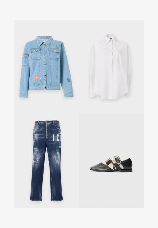 Veste en denim bleu clair avec fermeture à boutons, poches poitrine et broderies colorées de fleurs et d'abeilles sur le devant et les manches.; Chemise blanche à manches longues en tissu léger, dotée d'un col classique, d'une fermeture à boutons et d'une poche en forme de cœur sur le côté gauche.; Jeans en denim bleu foncé avec des patchs déchirés, des éclaboussures de peinture claires et de grandes lettres blanches. Conception à jambe droite avec une coupe classique.; Chaussure plate en cuir noir avec un bout pointu, des accents de boucle en argent et des rivets décoratifs. Elle possède un petit talon et une texture lisse.