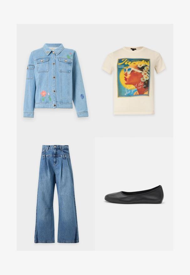 Veste en denim bleu clair avec fermeture à boutons, poches poitrine et broderies colorées de fleurs et d'abeilles sur le devant et les manches.; T-shirt crème avec un imprimé vintage d'une femme portant des lunettes de soleil, des marguerites dans les cheveux et le texte « Protect the skin you’re in. »; Jean bleu taille haute à jambes larges, avec des plis sous la ceinture et des surpiqûres horizontales discrètes au niveau des cuisses, présenté sur un fond uni.; Ballerines en cuir noir avec un bout rond, texture lisse, détails de couture minimalistes et design de semelle flexible.