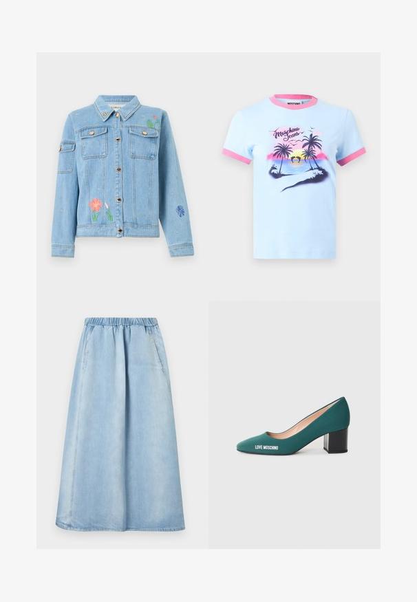 Hellblaue Jeansjacke mit Knopfleiste, Brusttaschen und farbenfroher Blumen- und Bienenstickerei auf Vorderseite und Ärmeln.; Hellblaues T-Shirt mit rosa Kragen und Bündchen, mit einer Sonnenuntergangs-Strandszene mit Palmen, Delfinen und dem Text "Moschino Jeans".; Hellblaue Denim-Midirock mit elastischem Bund und seitlichen Taschen, gerader Silhouette und dezenten Nahtdetails.; Grüner Stoff High Heel Schuh mit spitzem Zeh, einem klobigen schwarzen Absatz und "LOVE MOSCHINO" in Weiß auf der Seite bedruckt.