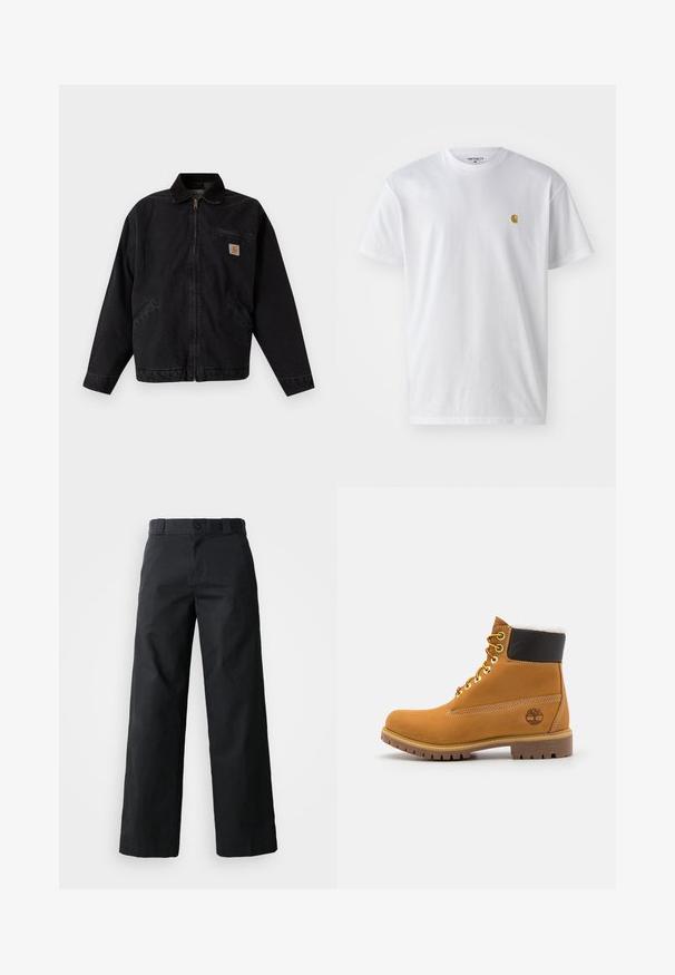 Zwarte jas met rits en kraag, twee zijzakken, een borstzak met rits en een kleine vierkante Carhartt-logo patch aan de voorkant.; Witte katoenen t-shirt met korte mouwen en ronde hals, voorzien van een klein gouden logo op de linkerkant van de borst. Zachte textuur en een normale pasvorm.; Zwarte wijde broek van katoen. Voorzien van een knoopsluiting, riemlussen en zijzakken. Gladde textuur met een op maat gemaakte snit.; Bruine leren enkellaars met metalen oogjes, witte faux bont voering, zwarte gewatteerde kraag, robuuste zool en een reliëflogo aan de zijkant.
