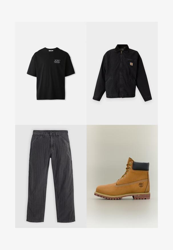 Schwarze Jacke mit Reißverschluss und Kragen, zwei Seitentaschen, einer Reißverschlusstasche auf der Brust und einem kleinen quadratischen Carhartt-Logo auf der Vorderseite.; Schwarzes Kurzarm- Baumwoll-T-Shirt mit Rundhalsausschnitt und einem weißen Logo "XTC VERTERE" auf der linken Brustseite. Glatte Textur.; Schwarz gestreifte Hose aus einem Baumwollmix. Verfügt über ein gerades Bein-Design, seitliche Taschen und einen Knopfverschluss.; Brauner Leder-Stiefelette mit schwarzem Kragen, gelben Schnürsenkeln und hellbrauner Sohle. Verfügt über ein Logo und weiße Ziernähe. Robuste Profilsohle.