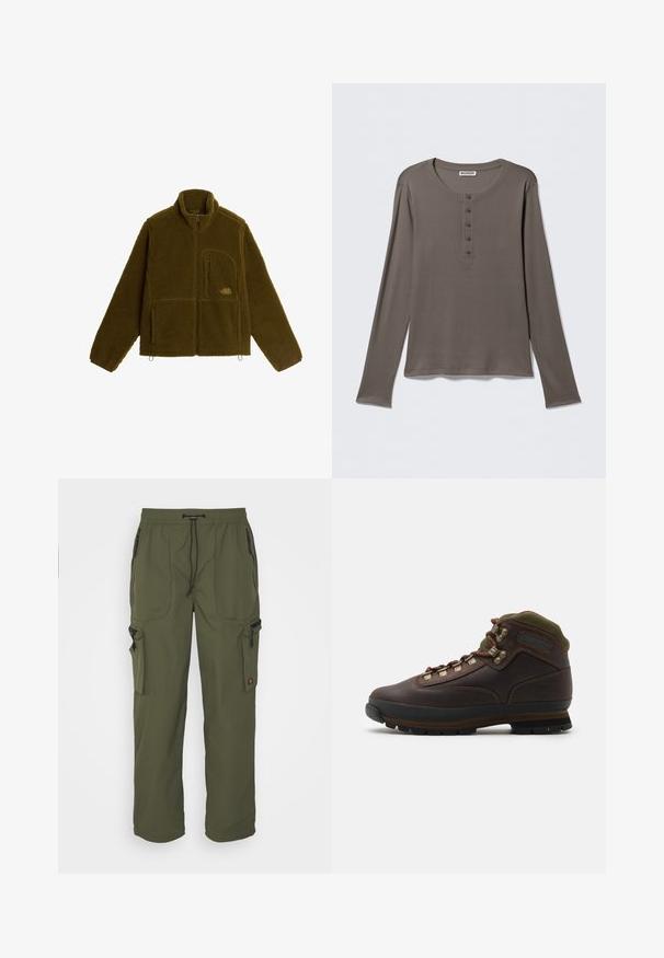 Olivgrüne Fleecejacke mit durchgehendem Front-Reißverschluss, hohem Kragen, zwei Seitentaschen und einer Reißverschlusstasche auf der Brust mit Logo-Aufnäher.; Langärmeliges graues Henley-Shirt mit fünf Knöpfen und rundem Halsausschnitt, dargestellt vor einem schlichten weißen Hintergrund.; Olivgrüne Cargo-Hosen aus leichtem Material mit elastischem Bund, Kordelzug und mehreren Reißverschlusstaschen.; Brauner Leder-Wanderschuh mit grünem Stoffkragen. Besitzt Metall-Schnürhaken, Gummisohle und strukturiertes Profil für besseren Halt.