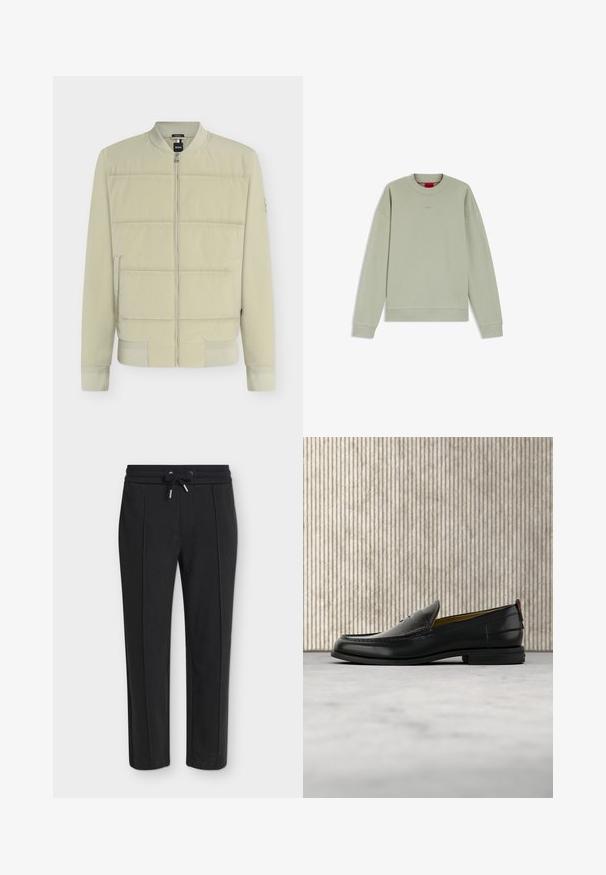 Blouson bomber matelassé beige clair avec fermeture éclair à l'avant, col, poignets et ourlet côtelés, et poches latérales.; Sweat-shirt vert clair à manches longues avec encolure ras du cou, poignets et ourlet côtelés, arborant un logo discret en relief sur la poitrine et une étiquette intérieure rouge au col.; Pantalon noir fuselé avec une taille élastique et un cordon, présentant une subtile texture côtelée verticale.; Mocassin pour homme en cuir noir avec un dessus embossé effet croco et un petit talon, présenté de profil sur un fond neutre.