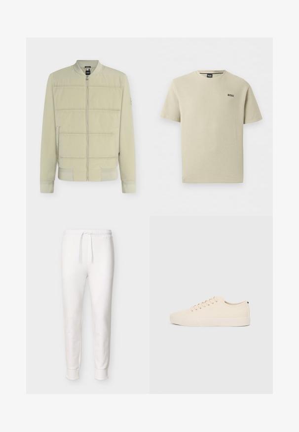 Blouson bomber matelassé beige clair avec fermeture éclair à l'avant, col, poignets et ourlet côtelés, et poches latérales.; T-shirt beige texturé à manches courtes et col rond avec le logo "BOSS" sur la poitrine gauche.; Pantalon jogger blanc à coupe slim avec taille élastique et cordon de serrage, poignets côtelés aux chevilles, présenté sur un fond uni.; Baskets en toile beige avec bout arrondi, semelle en caoutchouc plate et lacets à l'avant. Présente un design minimaliste et un accent noir contrastant au niveau du talon.