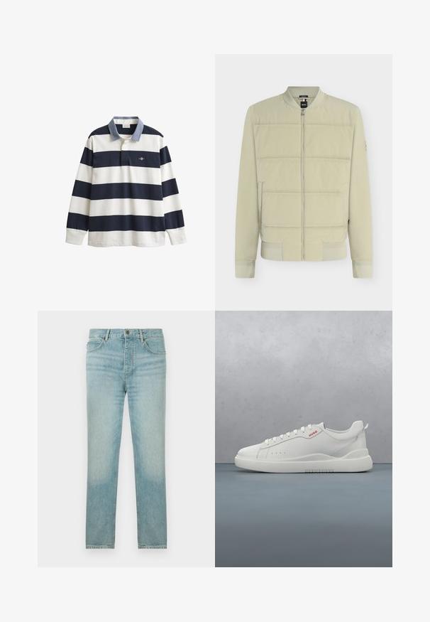 Blouson bomber matelassé beige clair avec fermeture éclair à l'avant, col, poignets et ourlet côtelés, et poches latérales.; Maillot de rugby à manches longues avec larges rayures horizontales bleu marine et blanc et un col bleu clair sur fond blanc.; Jean en denim bleu clair avec une coupe droite, présentant un délavage, un design à cinq poches et une fermeture à bouton sur le devant.; Sneaker blanche avec une finition en cuir lisse, bout rond, quatre œillets, perforations subtiles et un détail de logo rouge sur le côté.