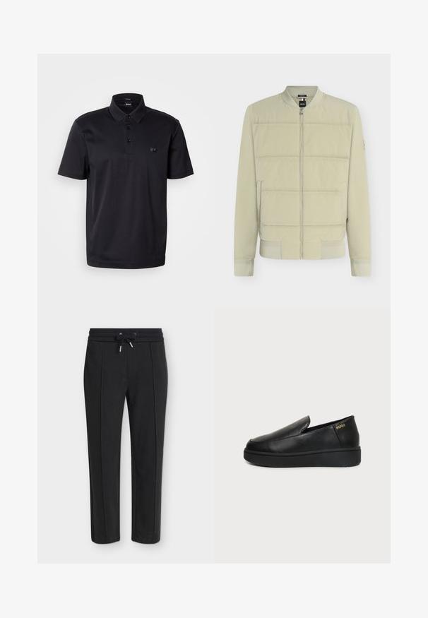 Blouson bomber matelassé beige clair avec fermeture éclair à l'avant, col, poignets et ourlet côtelés, et poches latérales.; Polo noir en tissu lisse, doté d'un col classique, d'une patte à trois boutons et d'un petit logo sur la poitrine. Manches courtes.; Pantalon noir fuselé avec une taille élastique et un cordon, présentant une subtile texture côtelée verticale.; Chaussure noire en cuir à enfiler avec semelle épaisse et petits trous de ventilation latéraux, avec un logo doré "HUGO" près du talon.