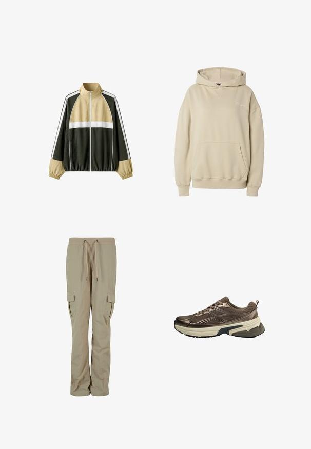 Veste zippée beige clair, blanc et vert foncé en blocs de couleur, avec col montant et poignets élastiques aux manches longues.; Sweat à capuche beige à enfiler avec poche kangourou à l'avant, poignets et ourlet côtelés, et texte brodé subtil sur la poitrine gauche.; Pantalons cargo beiges en tissu léger, dotés d'une taille élastique à cordon de serrage, de poches latérales et d'une coupe décontractée pour le confort.; Chaussure de sport en mesh marron avec semelle épaisse beige et bande de roulement noire, rayures latérales détaillées et lacets, vue du côté extérieur.