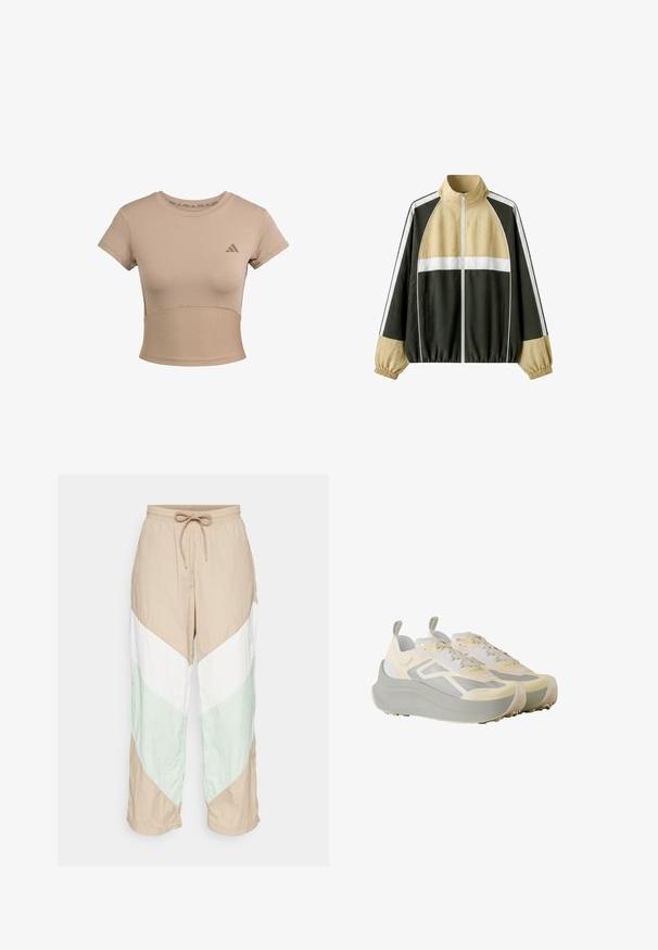 Lyse beige, hvid og mørkegrøn farveblokket lynlåstrøje med ståkrave og elastiske manchetter på lange ærmer.; Beige sports cropped t-shirt med korte ærmer, ribbet nederste del og subtilt logo på brystet. Glat tekstur, tætsiddende design.; Letvægtige, farveblokerede bukser har beige, hvid og lys grønne paneler i et chevron-design. Elastisk talje med justerbar snørelukning.; Par beige og grå chunky sål atletik-sneakers med snørebånd foran og trækstropper på hvid baggrund.