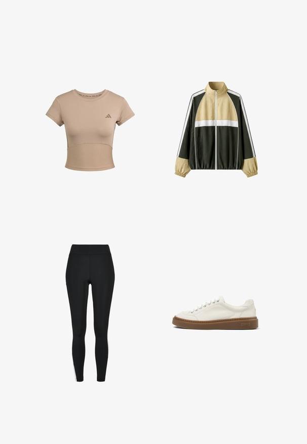 Lyse beige, hvid og mørkegrøn farveblokket lynlåstrøje med ståkrave og elastiske manchetter på lange ærmer.; Beige sports cropped t-shirt med korte ærmer, ribbet nederste del og subtilt logo på brystet. Glat tekstur, tætsiddende design.; Sorte leggings med høj talje, der har hvide striber på siderne, lavet af et strækbart stof for komfort og fleksibilitet.; Hvid lavtop-sneaker med hvide snørebånd og tyk brun sål, syningsdetaljer og "Camper"-logo på siden af sålen.