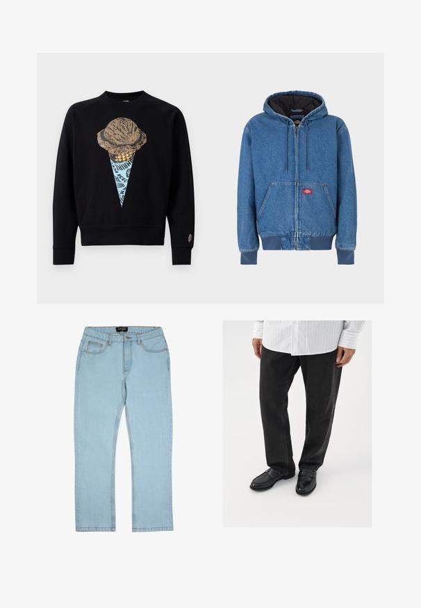 Denim hættejakke i lyseblå med lynlås foran, to sidelommer og sort inderfor. Rødt logo patch nær lynlåsen.; Sort sweatshirt med en grafisk print af en isvaffel med en tekstureret kugle, akkompagneret af blå og guld detaljer.; Lyseblå cowboybukser i denim med lige ben, der har standardlommer og synlige syningsdetaljer. Ingen udsmykninger.; Sorte denimbukser parret med skinnende sorte loafers. Skjorten er hvid med tynde lodrette striber, har lange ærmer og en knapkrave.