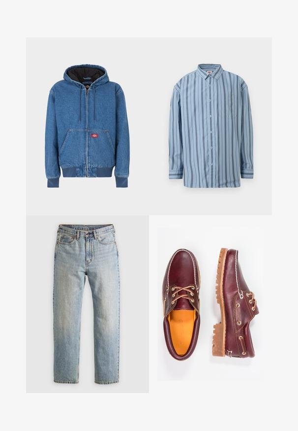 Jeans-Kapuzenjacke in Hellblau mit einem vorderen Reißverschluss, zwei seitlichen Taschen und einem schwarzen Innenfutter. Rotes Logo-Patch in der Nähe des Reißverschlusses.; Hellblaues Langarm-Hemd mit schwarzen vertikalen Streifen und einer Brusttasche vorne.; Helle blaue Jeans mit hoher Taille, Frontknopf, Reißverschluss und fünf Taschen-Design, flach auf einem neutralen Hintergrund ausgelegt.; Bordeauxfarbene Lederschuhe mit braunen Gummisohlen, runder Zehenform, weißen Nähten und goldenen Ösen. Das Innenfutter weist eine gelbe Beschichtung auf.