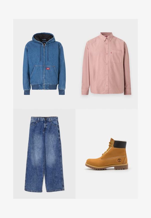 Helehall, helesinine teksast kapuutsiga jope, millel on ees tõmblukk, kaks küljetaskut ja must sisevooder. Tõmbluku lähedal punane logo plaastriga.; Pikad varrukad, roosast kangast nööpidega särk, millel on esil tasku ja nööbitav krae, esitletud ühevärvilise tausta ees.; Heledad sinised laiad teksad, mis on valmistatud denimist, omavad kõrget vööd, traditsioonilist viie tasku disaini ja rebenenud ääri.; Pruun nahast pahkluu saabas metallist silmadega, valge karvane vooder, must pehmendatud krae, robustne tallal ja küljes reljeefne logo.