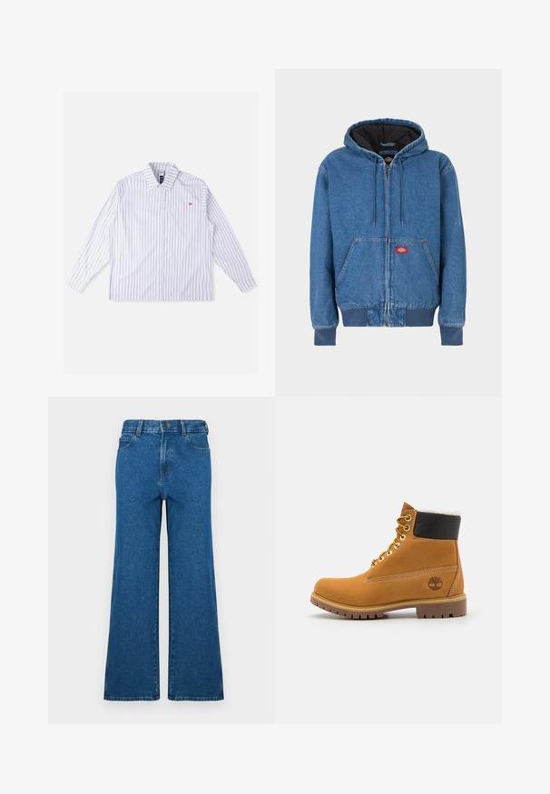 Chaqueta con capucha de mezclilla en azul claro, con cremallera frontal, dos bolsillos laterales y forro interior negro. Parche de logo rojo cerca de la cremallera.; Camisa blanca de manga larga con rayas verticales azules, cierre de botones en la parte delantera, cuello, bolsillo en el pecho izquierdo y detalle de logo rojo. Tela suave y tejida.; Jeans de pierna ancha en denim azul. Presentan un diseño clásico de cinco bolsillos, cierre con botón y textura desgastada. Bajo recto con detalles sutiles de costura.; Botín de cuero marrón con ojales de metal, forro de piel sintética blanca, cuello acolchado negro, suela resistente y logotipo en relieve en el costado.