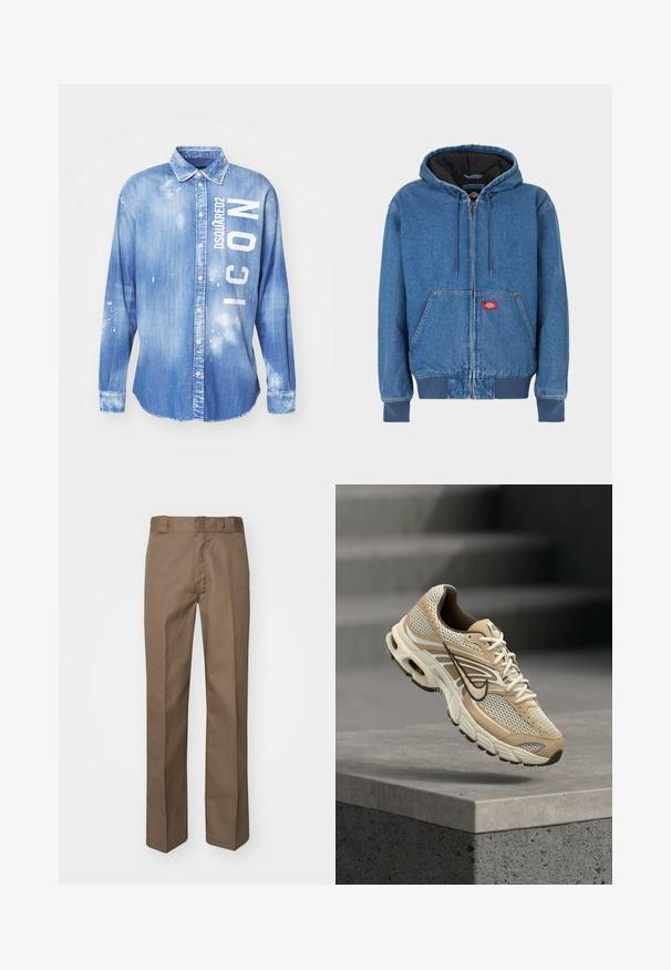 Denim hættejakke i lyseblå med lynlås foran, to sidelommer og sort inderfor. Rødt logo patch nær lynlåsen.; Lyseblå denimskjorte med frontknaplukning, lange ærmer, krave og hvidt trykt tekst "DSQUARED2 ICON" med malerstænkdetaljer.; Brune bukser med flad front design, lige ben og klassisk talje. Fremstillet af holdbart stof, uden synlige mønstre eller udsmykninger.; Beige og hvid Nike løbesko med mesh paneler og sort swoosh, der svæver over en betonkant med slørede trapper i baggrunden.