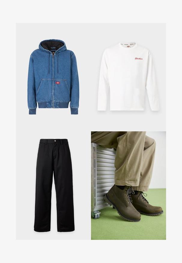 Veste à capuche en denim bleu clair, avec une fermeture éclair à l'avant, deux poches latérales et une doublure intérieure noire. Patch logo rouge près de la fermeture éclair.; T-shirt blanc à manches longues et col rond avec petit logo "Dickies" rouge sur la poitrine gauche et doublure de col marquée.; Pantalon noir à jambes larges avec passants pour ceinture, bouton devant et fermeture éclair, présenté sur un fond clair uni.; Bottes chelsea en cuir marron avec des bouts ronds, des lacets gris, des œillets renforcés et des semelles en caoutchouc texturé, assorties à un pantalon beige clair.