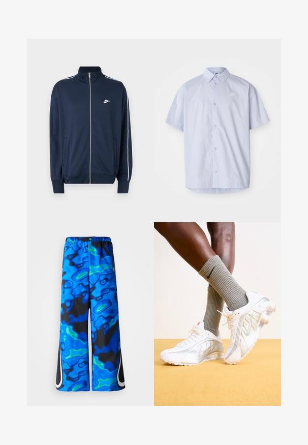 Tmavomodrá bunda Nike na zips s vysokým golierom, bielymi pruhmi na rukávoch, dvoma prednými vreckami a bielym logom Nike na ľavej strane hrudníka.; Svetlomodrá košeľa s krátkym rukávom vyrobená z hladkej látky, s designom na gombíky a malým bielym logom Nike na hrudi.; Modré a čierne široké nohavice s abstraktným vzorom, s elastickým pásom a zipsovými bočnými vreckami na jednoduchom pozadí.; Biele tenisky Nike so striebornými akcentmi, vybavené textúrovanými panelmi a perforáciami. Spárované so šedými rebrovanými ponožkami, umiestnené na žltom pozadí.