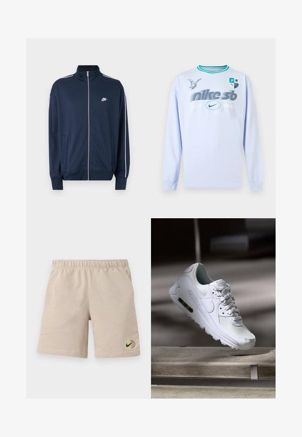 Μπλε σκούρα ζακέτα Nike με φερμουάρ και ψηλό γιακά, λευκή επένδυση στα μανίκια, δύο εμπρόσθιες τσέπες και λευκό λογότυπο Nike στο αριστερό στήθος.; Ανοιχτό μπλε μακρυμάνικο πουκάμισο με τυρκουάζ ρίγες στο λαιμό, γραφικό κείμενο "nike sb EST. 2002", λογότυπο Nike, εικόνα πουλιού και σήμα με τέσσερα εικονίδια στο στήθος.; Μπεζ βαμβακερό σορτς με ελαστική μέση, πλαϊνές τσέπες και μικρό μαύρο λογότυπο Nike Swoosh σε πράσινη και κίτρινη υδρόγειο κοντά στο τελείωμα.; Λευκό αθλητικό παπούτσι Nike Air Max 90 με άνω μέρος από διχτυωτό και δερμάτινο υλικό, τρυπητό μπροστινό μέρος και ορατή μονάδα αέρα στη φτέρνα.