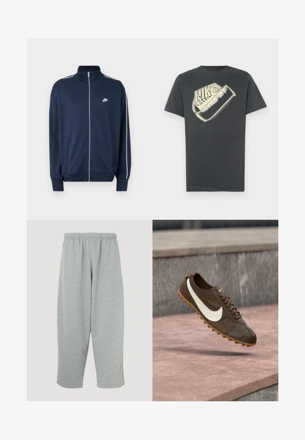 Μπλε σκούρα ζακέτα Nike με φερμουάρ και ψηλό γιακά, λευκή επένδυση στα μανίκια, δύο εμπρόσθιες τσέπες και λευκό λογότυπο Nike στο αριστερό στήθος.; Σκούρο γκρι βαμβακερό T-shirt με στρογγυλή λαιμόκοψη. Διαθέτει μεγάλο, στιλιζαρισμένο λογότυπο "Nike" σε ανοιχτό χρώμα στο μπροστινό μέρος.; Ανοιχτό γκρι παντελόνι φόρμας με ελαστική μέση, εφαρμοστή σχεδίαση στα πόδια και απαλή υφή. Χωρίς ορατά λογότυπα ή μοτίβα.; Καφέ αθλητικό παπούτσι Nike με λευκό λογότυπο Swoosh και σόλα από καουτσούκ αιωρείται πάνω από ροζ πέτρινη επιφάνεια με γκρι πέτρινο φόντο.