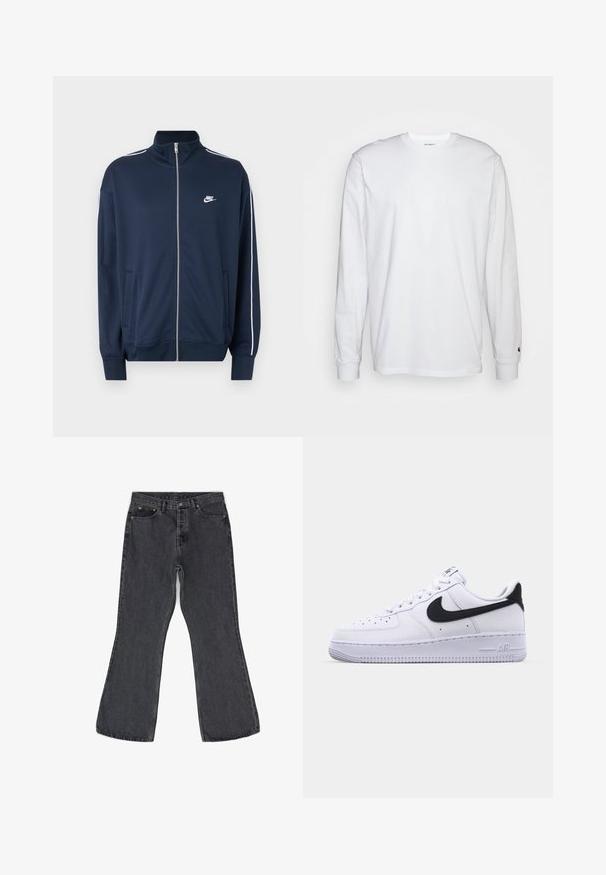 Chaqueta con cremallera Nike azul marino con cuello alto, ribete blanco en las mangas, dos bolsillos frontales y logo blanco de Nike en el lado izquierdo del pecho.; Camiseta blanca de manga larga hecha de algodón. Diseño de cuello redondo con puños acanalados y un pequeño logo en la manga izquierda. Textura suave.; Jeans de campana gris oscuro hechos de denim, con un diseño clásico de cinco bolsillos, costuras visibles y detalles de hardware metálico.; Zapatilla blanca de cuero con un Swoosh negro texturizado, cordones planos y una suela de goma con un patrón estriado. "AIR" está grabado en el talón.