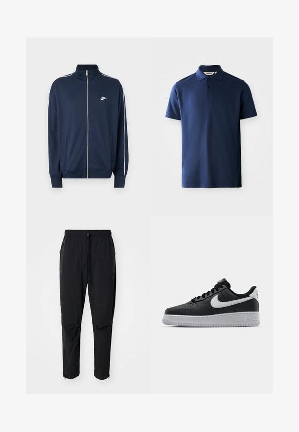 Marineblaue Nike-Zip-up-Jacke mit hohem Kragen, weißen Paspeln an den Ärmeln, zwei vorderen Taschen und weißem Nike-Logo auf der linken Brust.; Navyblaue Poloshirt aus Baumwolle, mit klassischem Kragen, zwei-Knopf-Leiste, kurzen Ärmeln und dezent gesticktem Logo.; Schwarze, leichte outdoor Hosen mit elastischem Bund und verstellbarem Zugschnur. Ausgestattet mit Reißverschlusstaschen und tapered Bündchen.; Schwarze Ledersneaker mit strukturierten Oberflächen, weißem Nike-Swoosh, grauer Sohle, runder Zehenpartie und Schnürdesign. Verfügt über Perforationen an der Zehenbox.