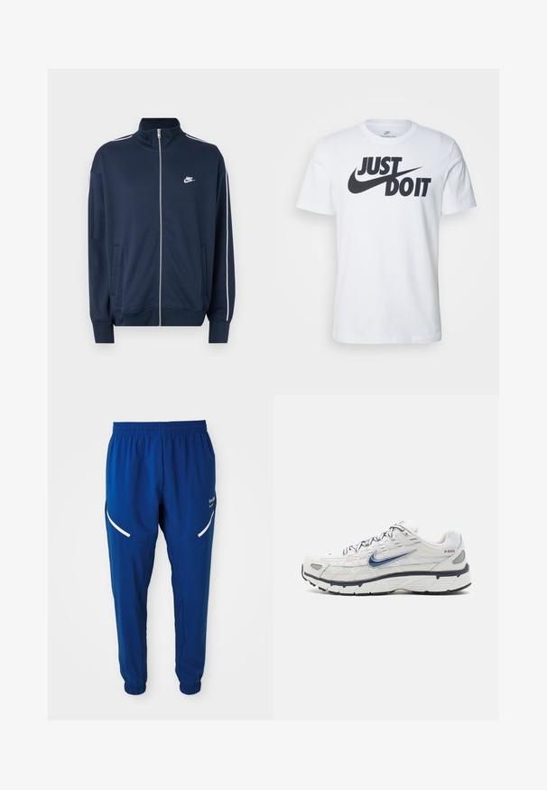 Chaqueta con cremallera Nike azul marino con cuello alto, ribete blanco en las mangas, dos bolsillos frontales y logo blanco de Nike en el lado izquierdo del pecho.; Camiseta de algodón blanca con un prominente logo negro "Just Do It" y el swoosh de Nike. Diseño clásico de cuello redondo con mangas cortas.; Pantalones deportivos de color azul royal con cintura y puños elásticos, tiras reflectantes blancas curvas en los muslos y pequeño logotipo blanco en el lado derecho.; Nike Sportswear P 6000 - Zapatillas - phantom/obsidian/summit white/white/black/metallic silver